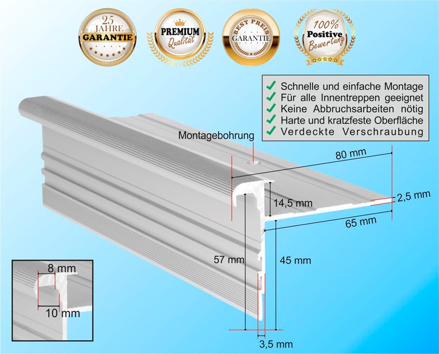 Treppenkantenprofil Standard 14,5 mm / Aluminium in Silber-Natur