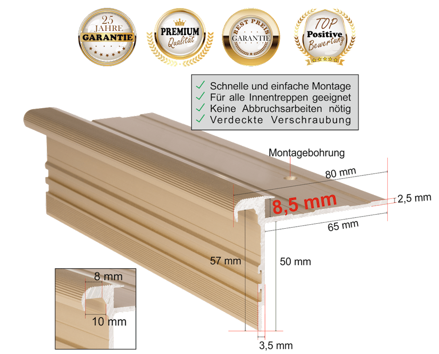 Treppenkantenprofil Standard 8,5 mm / Aluminium in Messing-Sand