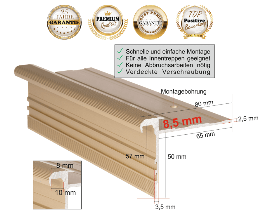 Treppenkantenprofil Standard 8,5 mm in Messing-Sand