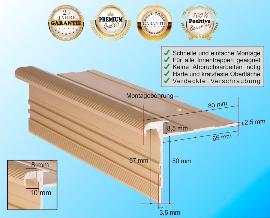 Treppenkantenprofil Standard 8,5 mm / Aluminium in Messing-Sand