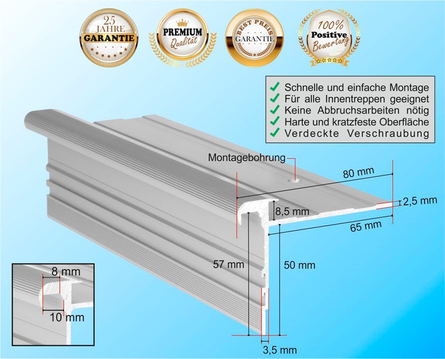 Treppenprofil Standard 8,5 mm / Aluminium in Silber-Natur
