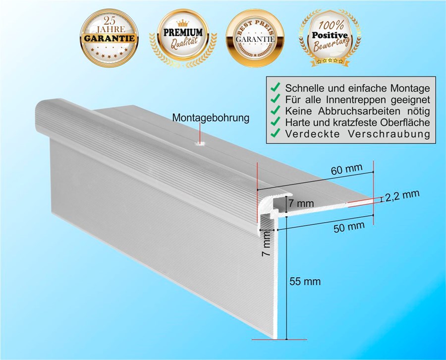 Treppenprofil CLASSIC 7 mm / Aluminium in SILBER / Treppenkantenprofil