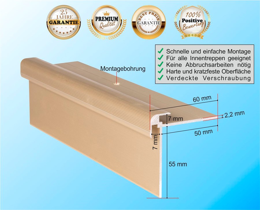 Treppenprofil CLASSIC 7 mm / Aluminium in MESSING / Treppenkantenprofil