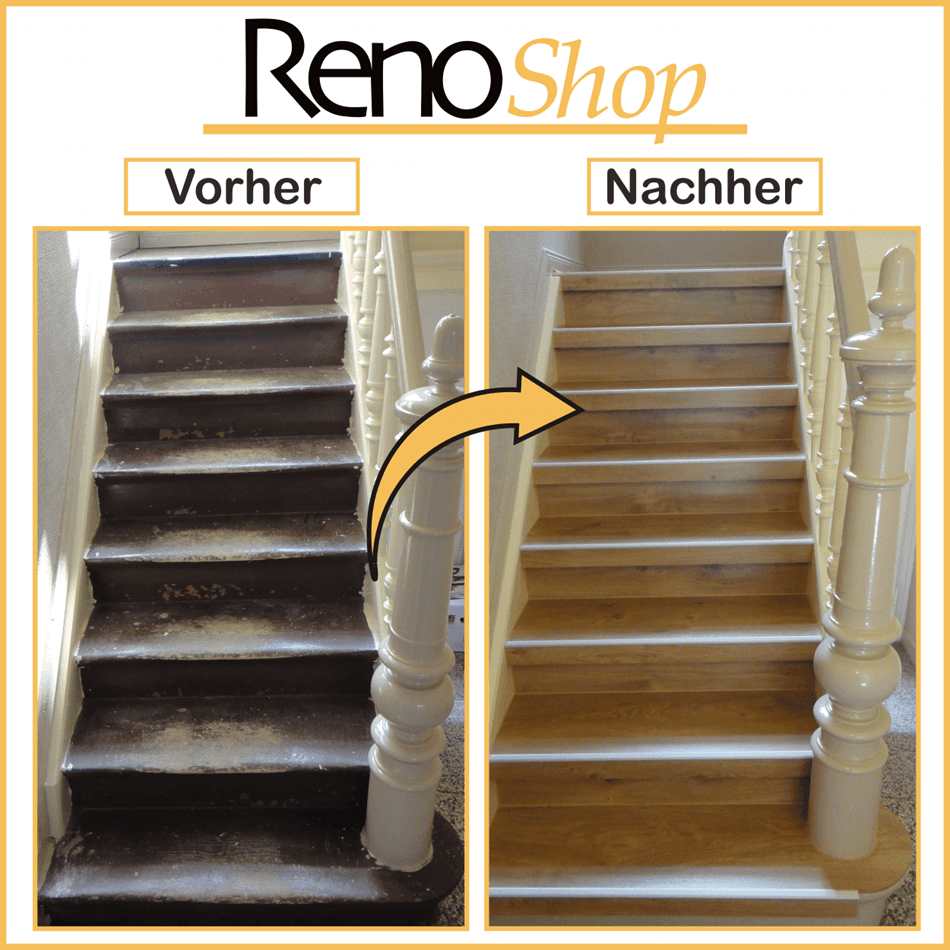 Vorher-Nachher-Bild alte Treppe mit Parkett belegen