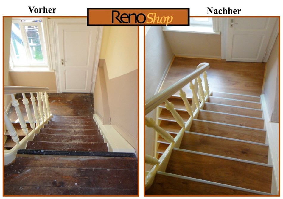 Vorher-Nachher-Bild alte Treppe mit Parkett verkleiden