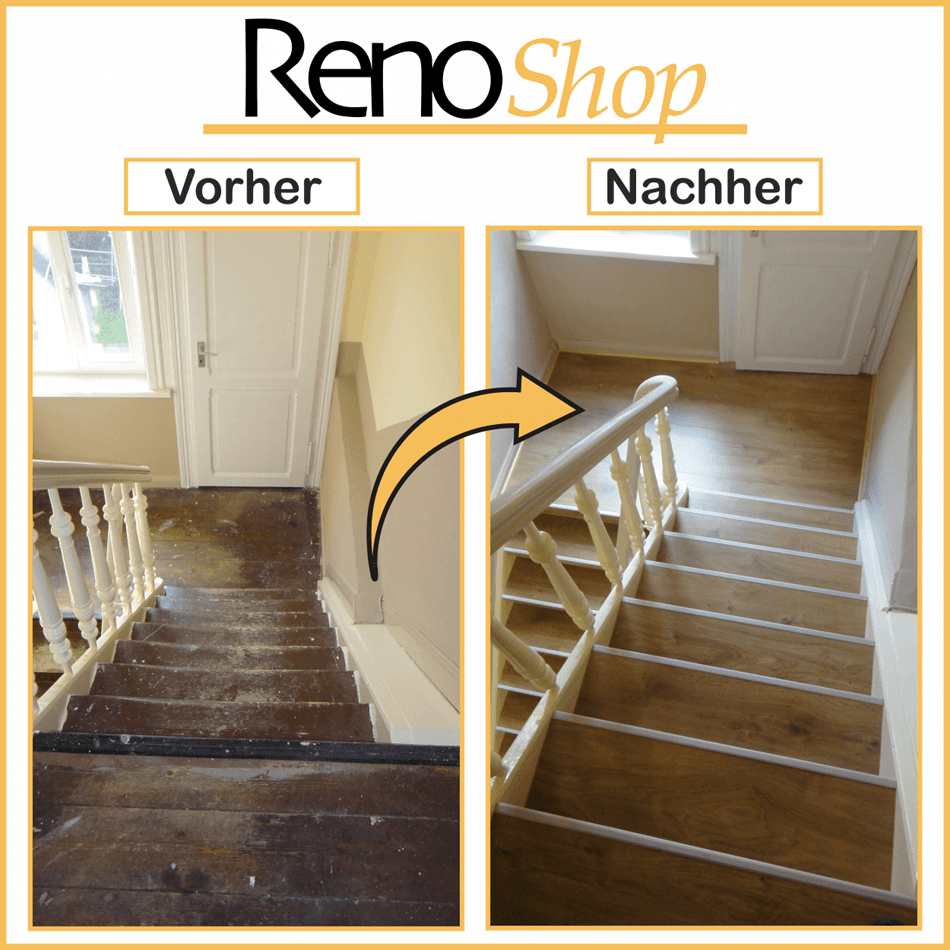 Vorher-Nachher-Bild alte Treppe mit Parkett verkleiden