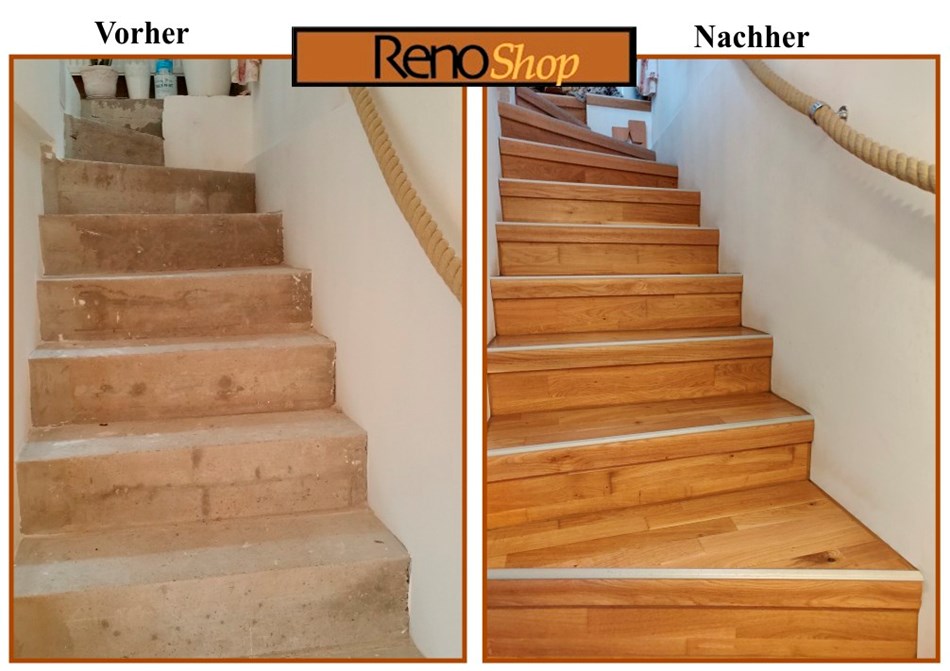 Vorher-Nachher-Bild Betontreppe mit Parkett