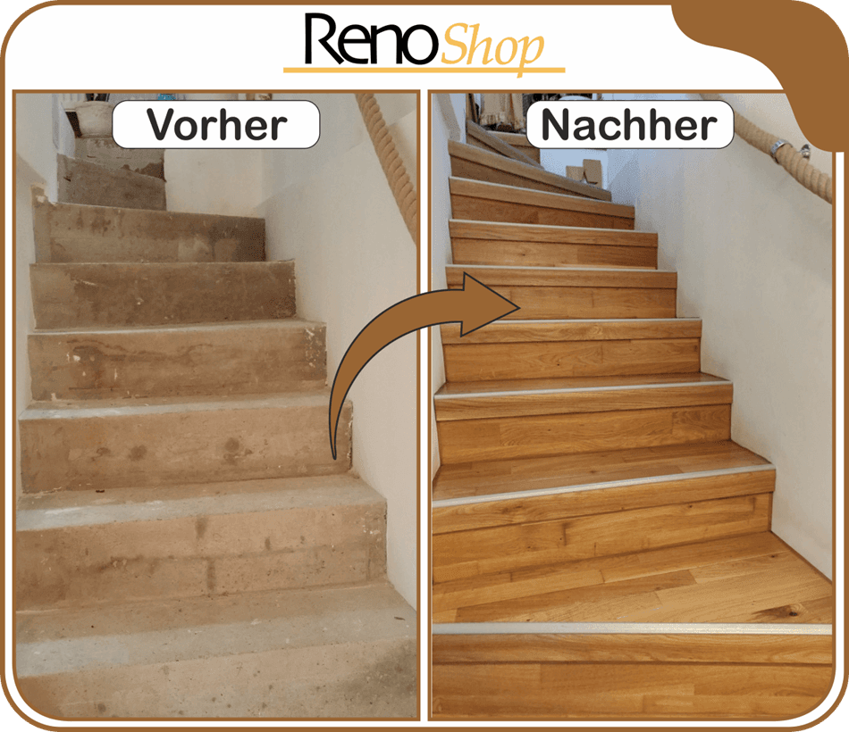 Vorher-Nachher-Bild Betontreppe mit Parkett