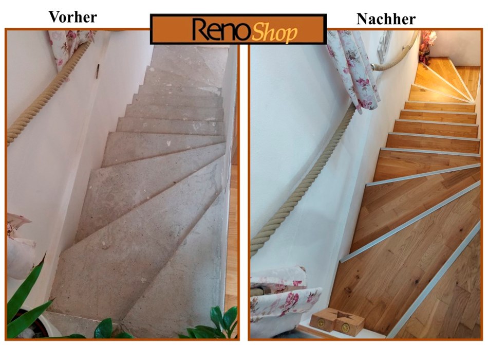 Vorher-Nachher-Bild Treppe aus Beton verkleiden mit Holz