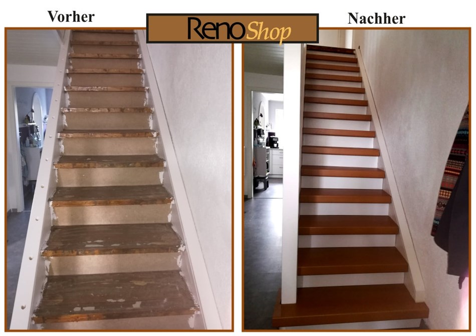 Vorher- Nachher Bilder einer Treppenrenovierung mit Laminatstufen: