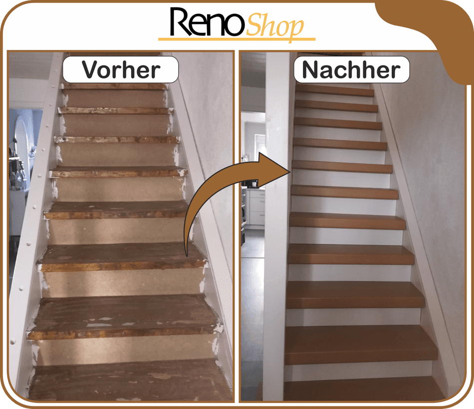 Vorher- Nachher Bilder einer Treppenrenovierung mit Laminatstufen: