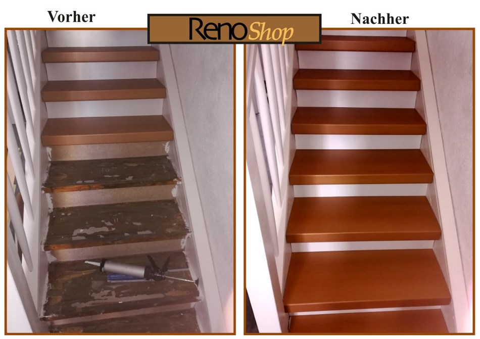 Vorher- Nachher Bilder einer Treppenrenovierung mit Laminatstufen: