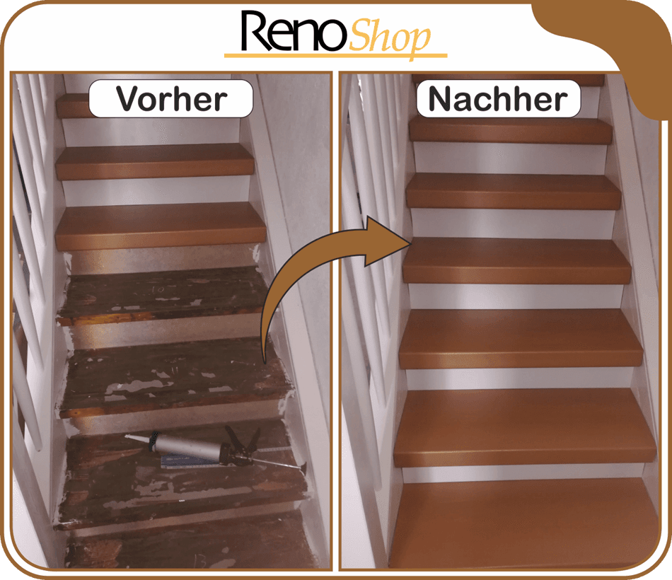 Vorher- Nachher Bilder einer Treppenrenovierung mit Laminatstufen: