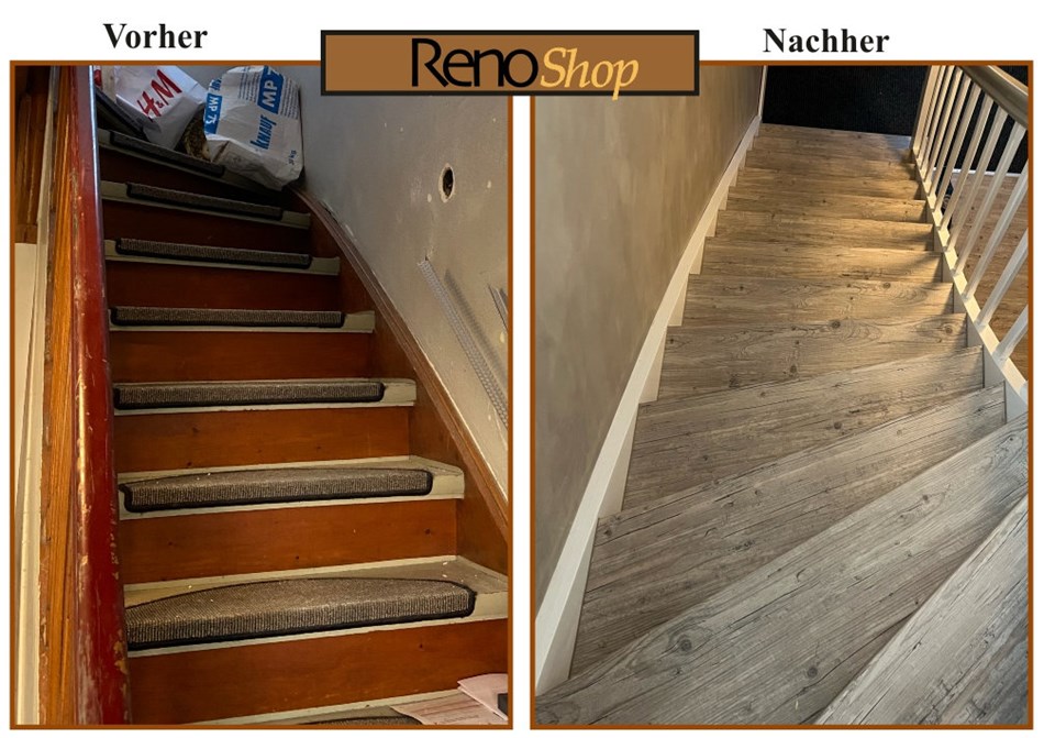 Vorher- Nachher Bilder einer Treppenrenovierung mit Laminatstufen: