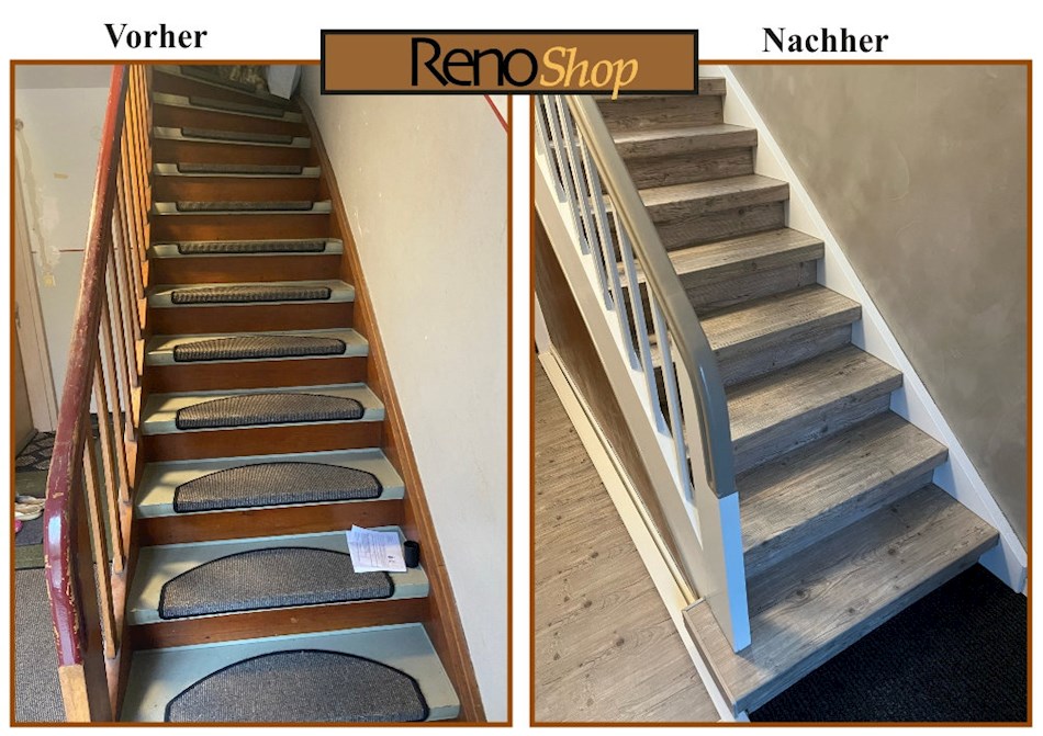 Vorher- Nachher Bilder einer Treppenrenovierung mit Laminatstufen: