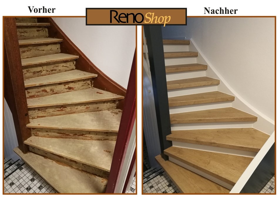 Vorher- Nachher Bilder einer Treppenverkleidung mit Laminatstufen: