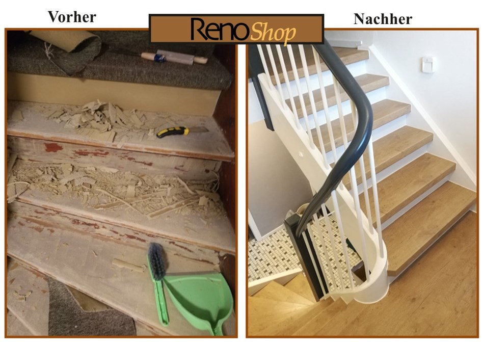 Vorher- Nachher Bilder einer Treppenrenovierung mit Laminatstufen: