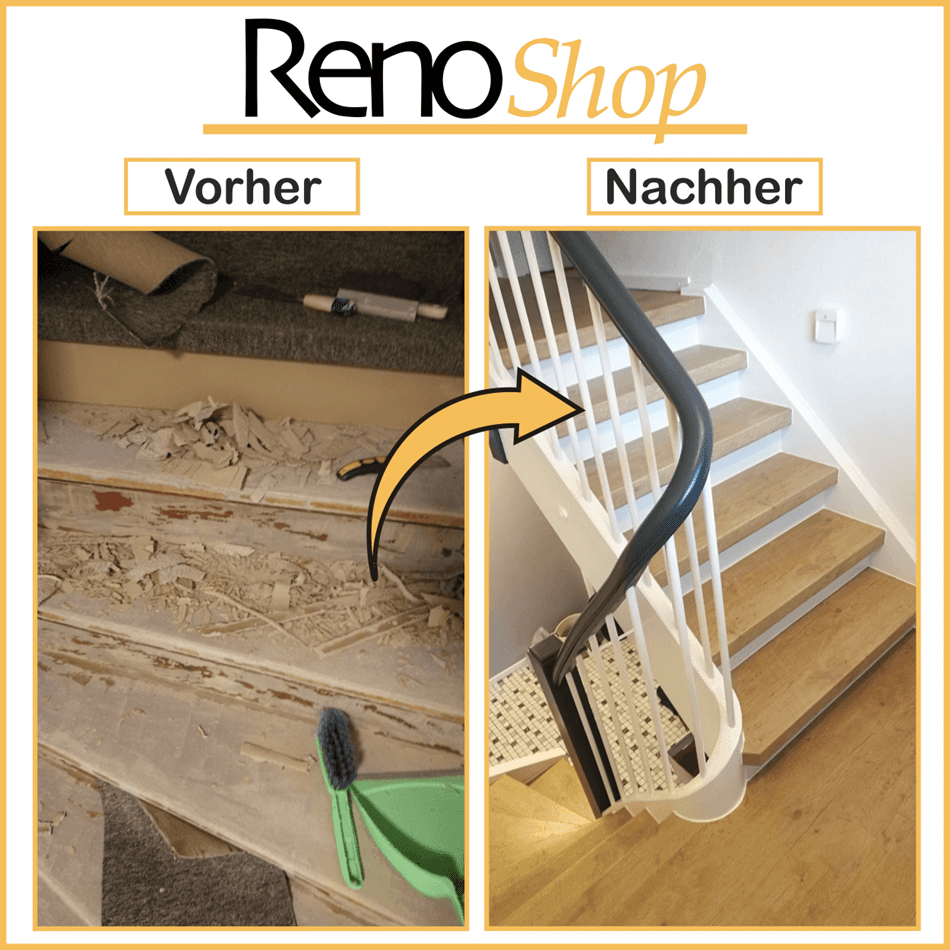 Vorher- Nachher Bilder einer Treppenrenovierung mit Laminatstufen: