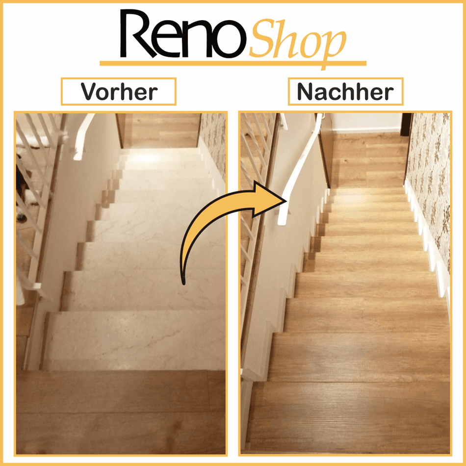 Vorher- Nachher Bilder einer Treppenrenovierung mit Laminatstufen: