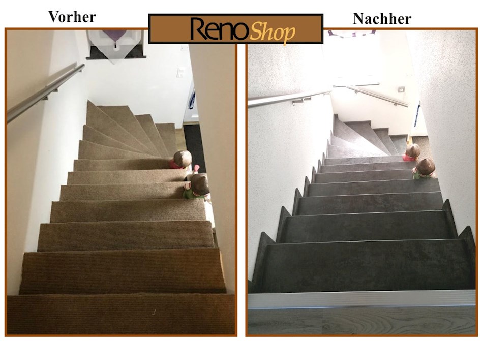 Vorher- Nachher Bilder einer Treppenverkleidung mit Laminatstufen: