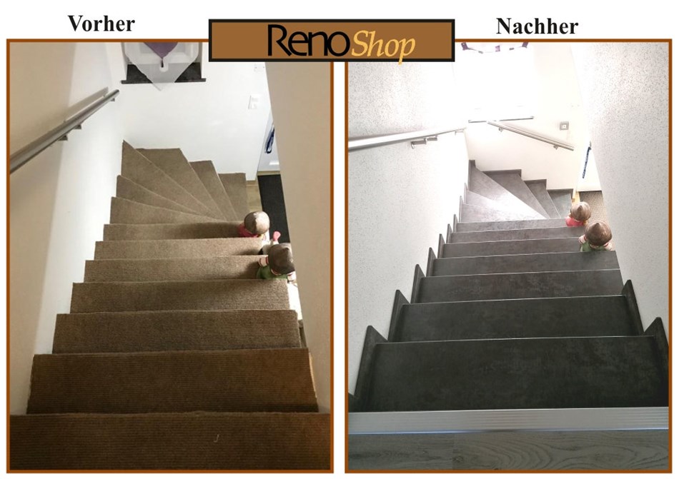 Vorher- Nachher Bilder einer Treppenverkleidung mit Laminatstufen: