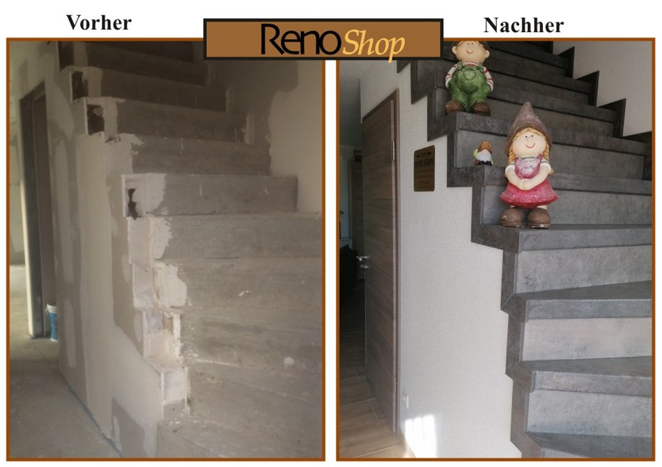 Vorher- Nachher Bilder einer Treppenrenovierung mit Laminatstufen:
