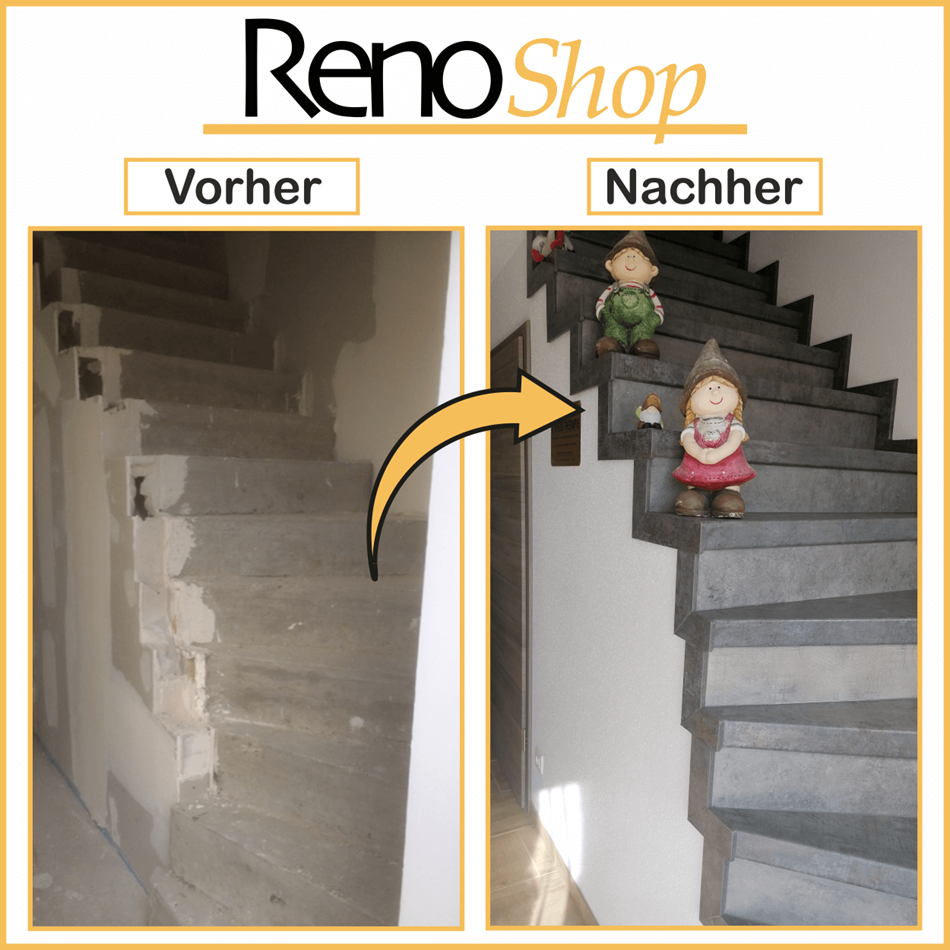 Vorher- Nachher Bilder einer Treppenrenovierung mit Laminatstufen: