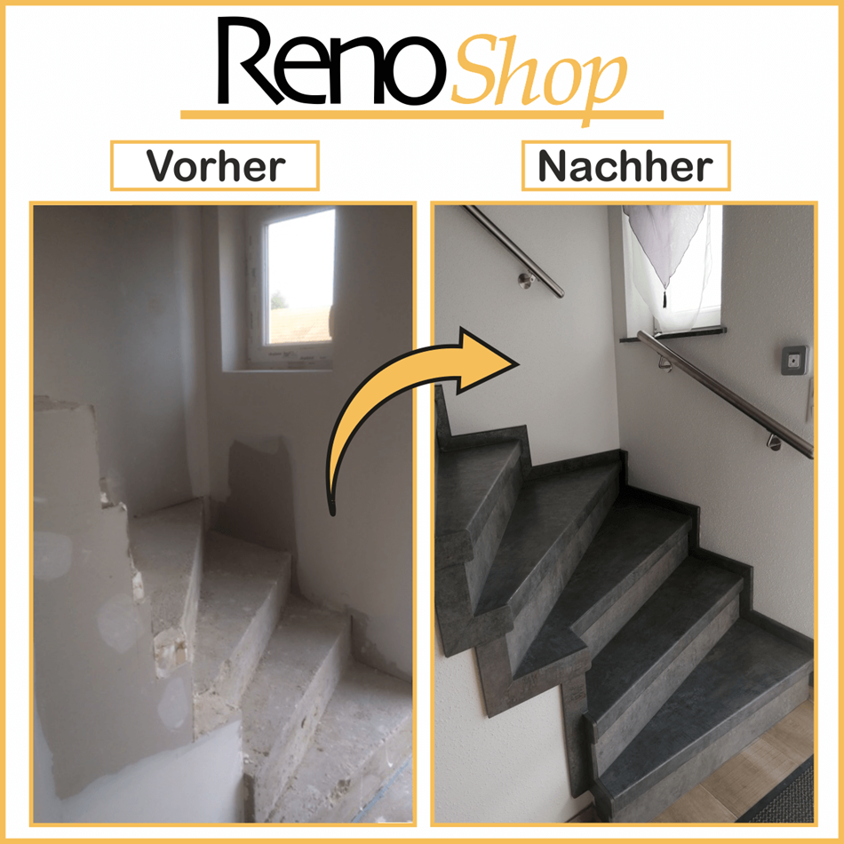 Vorher- Nachher Bilder einer Treppenrenovierung mit Laminatstufen: