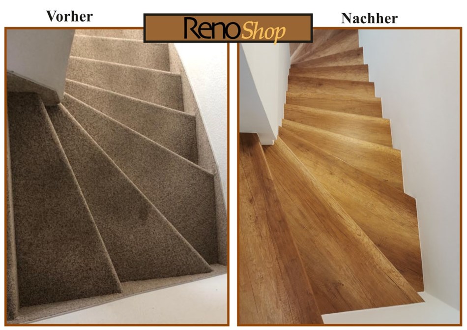 Vorher- Nachher Bilder einer Treppenrenovierung mit Laminatstufen: