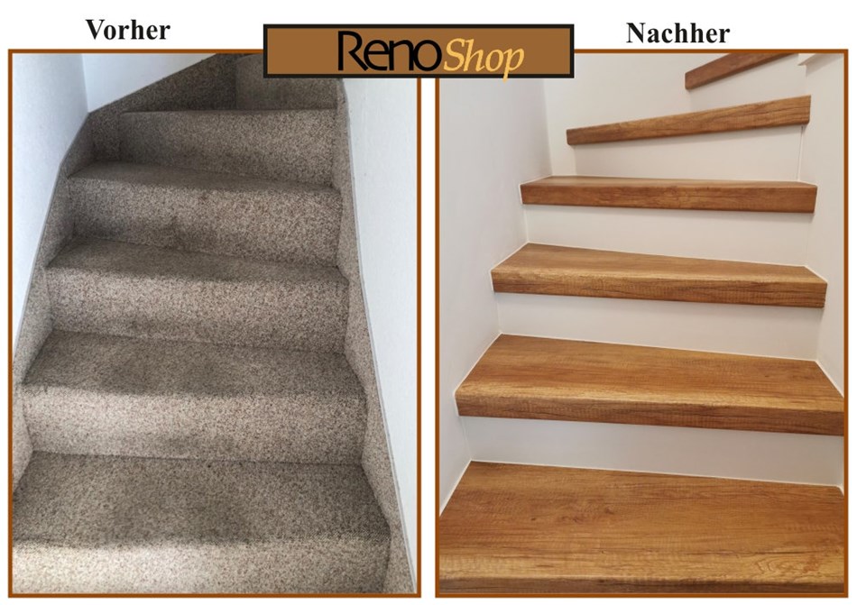 Vorher- Nachher Bilder einer Treppenrenovierung mit Laminatstufen: