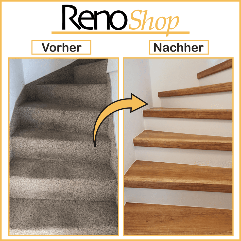 Vorher- Nachher Bilder einer Treppenrenovierung mit Laminatstufen: