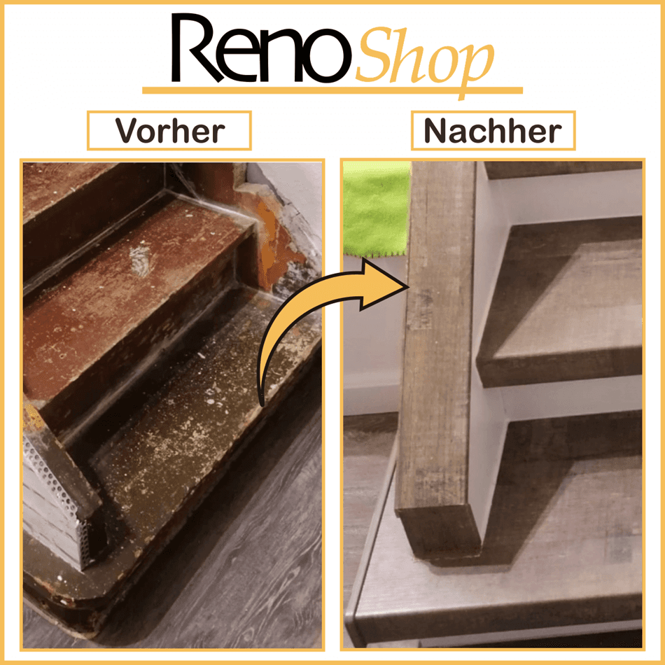 Vorher- Nachher Bilder einer Treppenrenovierung mit Laminatstufen: