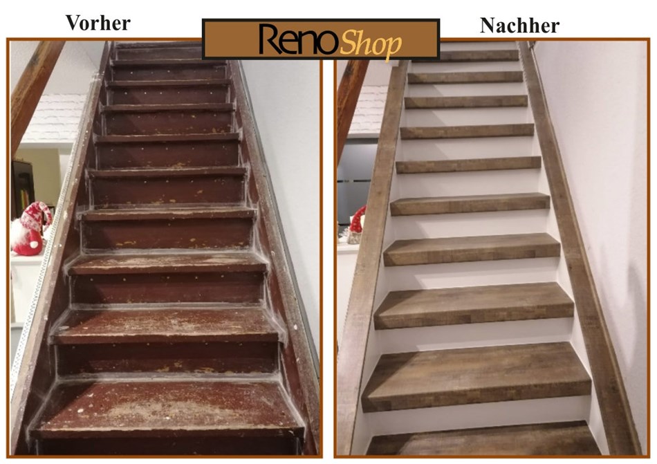 Vorher- Nachher Bilder einer Treppenrenovierung mit Laminatstufen: