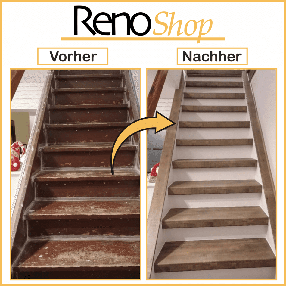 Vorher- Nachher Bilder einer Treppenrenovierung mit Laminatstufen: