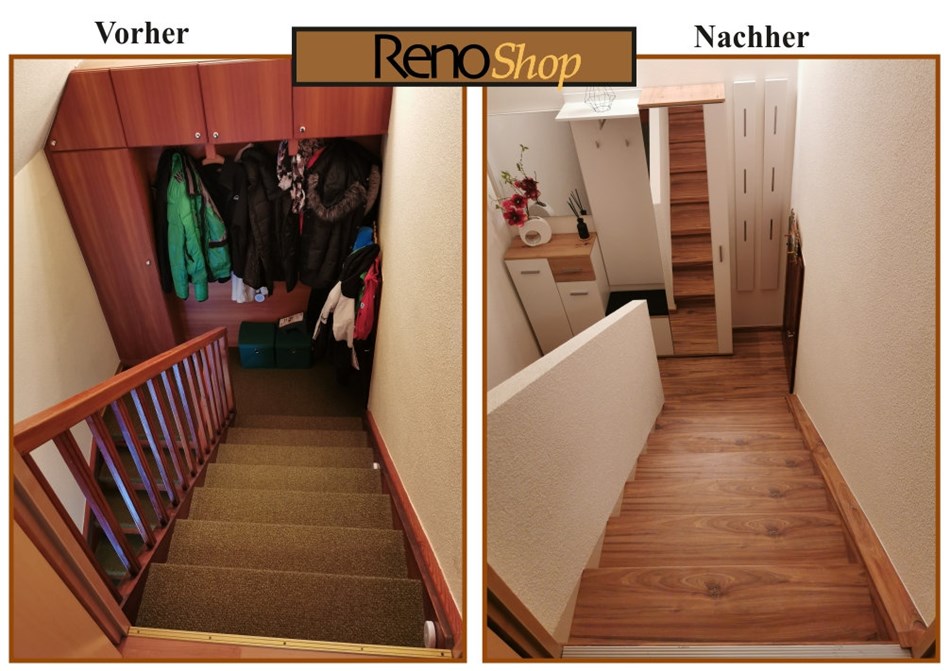 Vorher- Nachher Bilder einer Treppenrenovierung mit Laminatstufen: