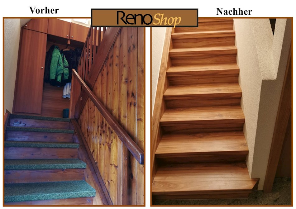 Vorher- Nachher Bilder einer Treppenrenovierung mit Laminatstufen: