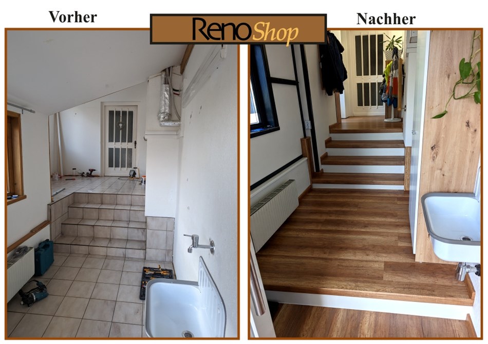 Vorher- Nachher Bilder einer Treppenrenovierung mit Laminatstufen: