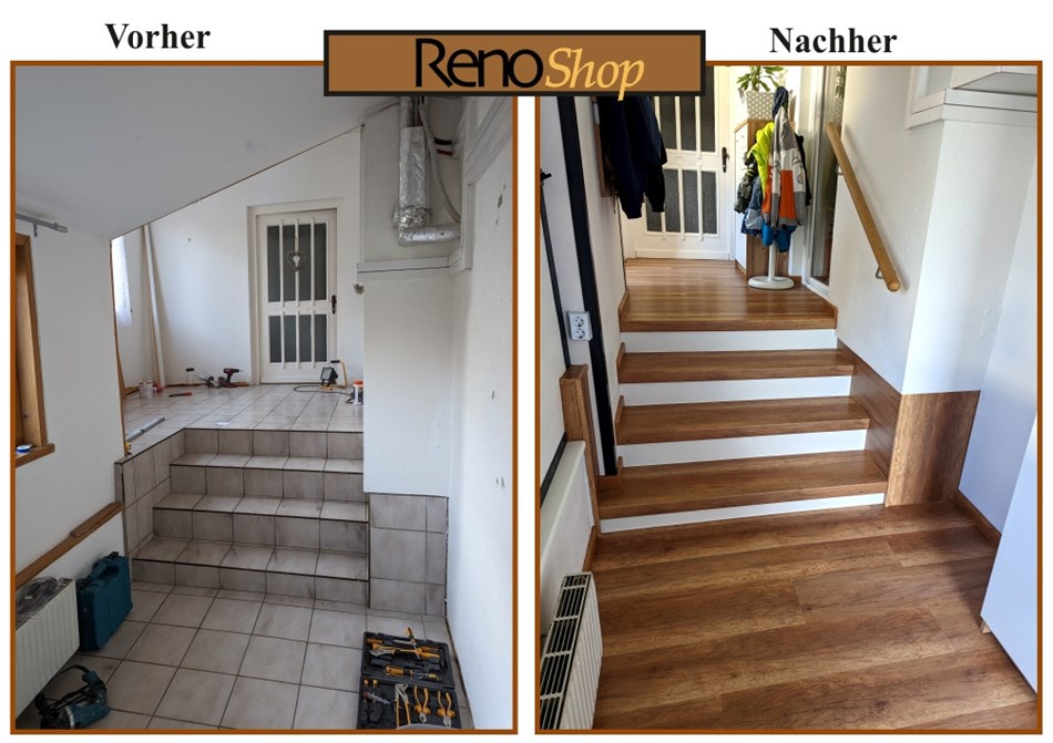 Vorher- Nachher Bilder einer Treppenverkleidung mit Laminatstufen: