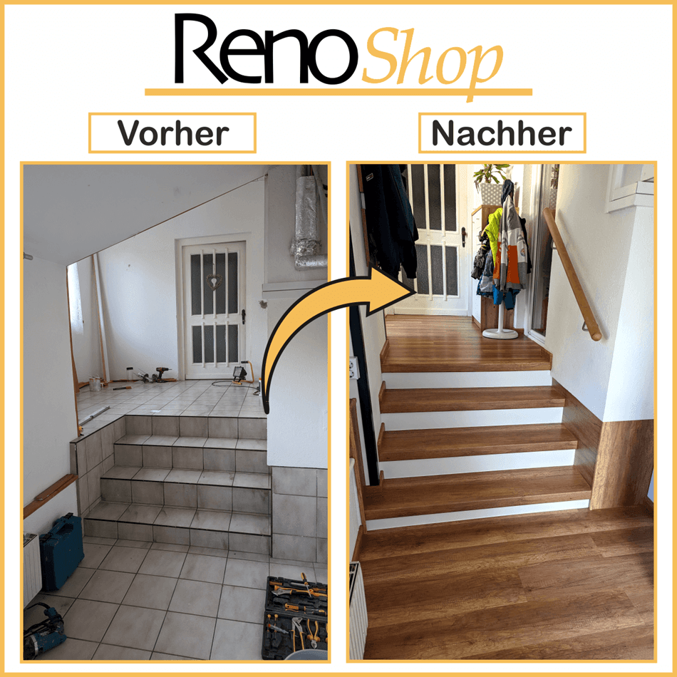 Vorher- Nachher Bilder einer Treppenverkleidung mit Laminatstufen: