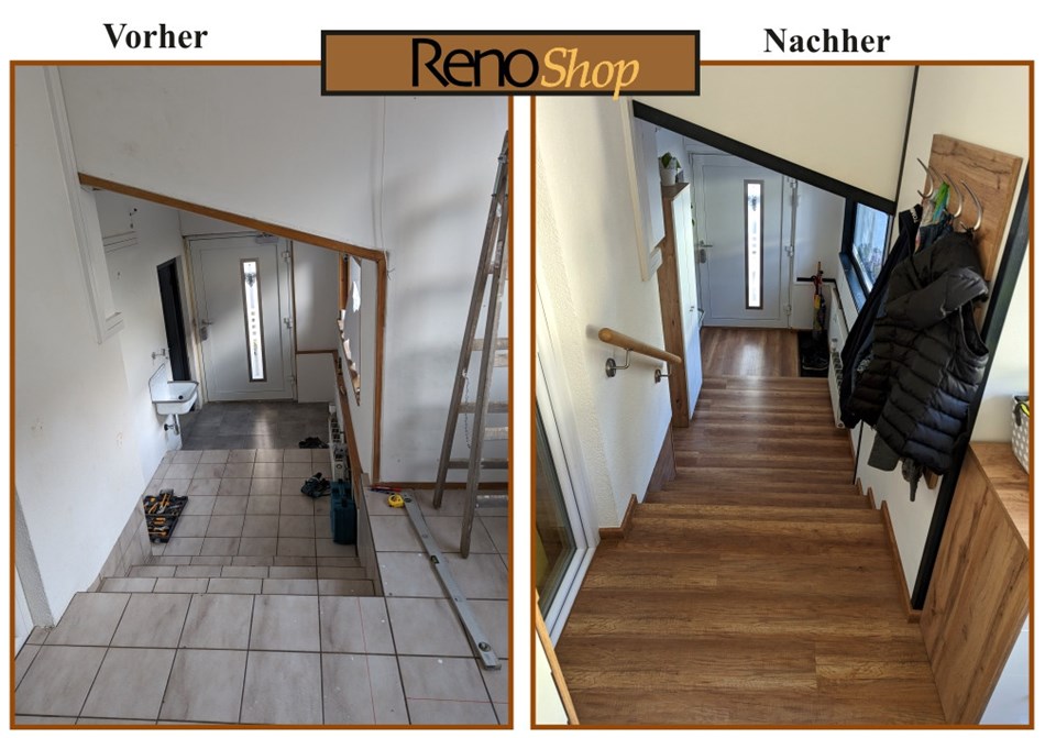 Vorher- Nachher Bilder einer Treppenverkleidung mit Laminatstufen: