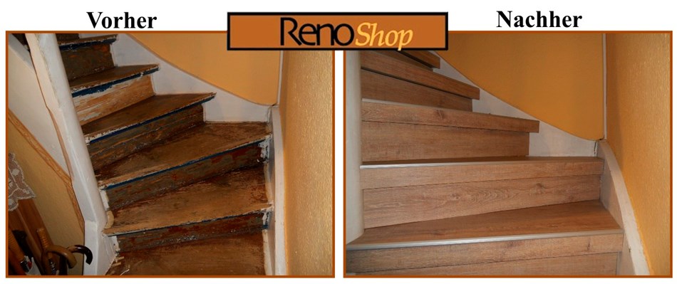 Vorher Nachher Bilder einer mit Parkett verkleideten Treppe